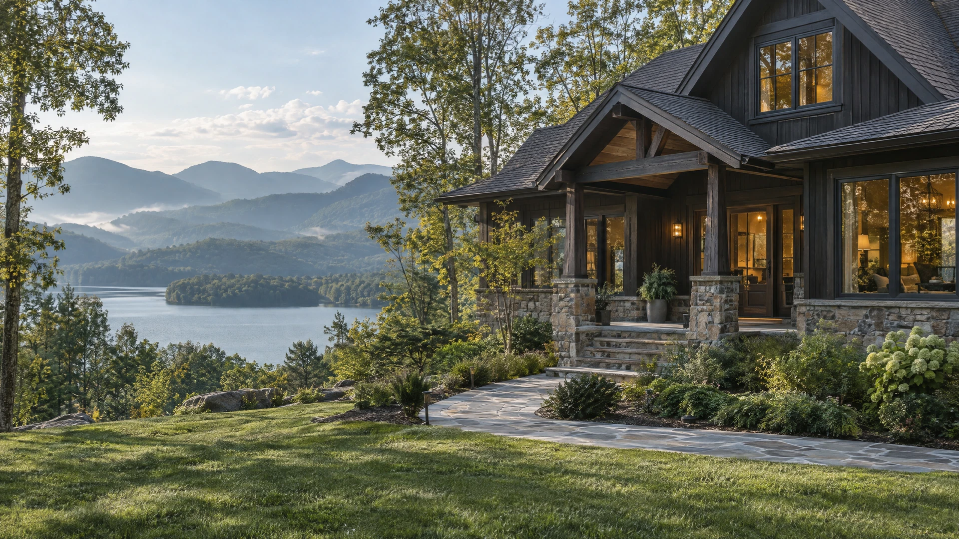 Illustrative well-kept mountain vacation home surrounded by trees